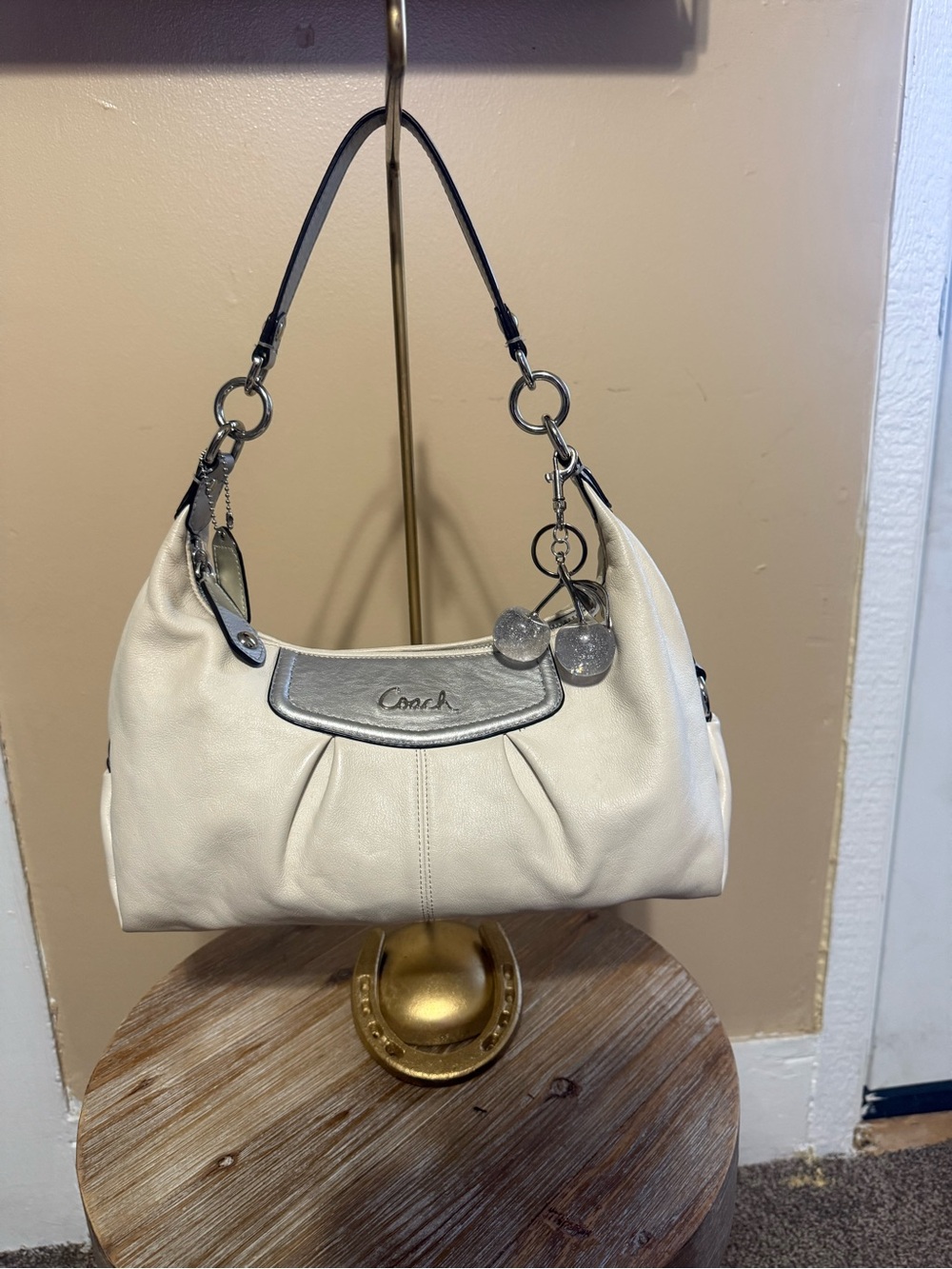 Coach Cream Leather Shoulder Hobo with Silver Trim Cherries not included